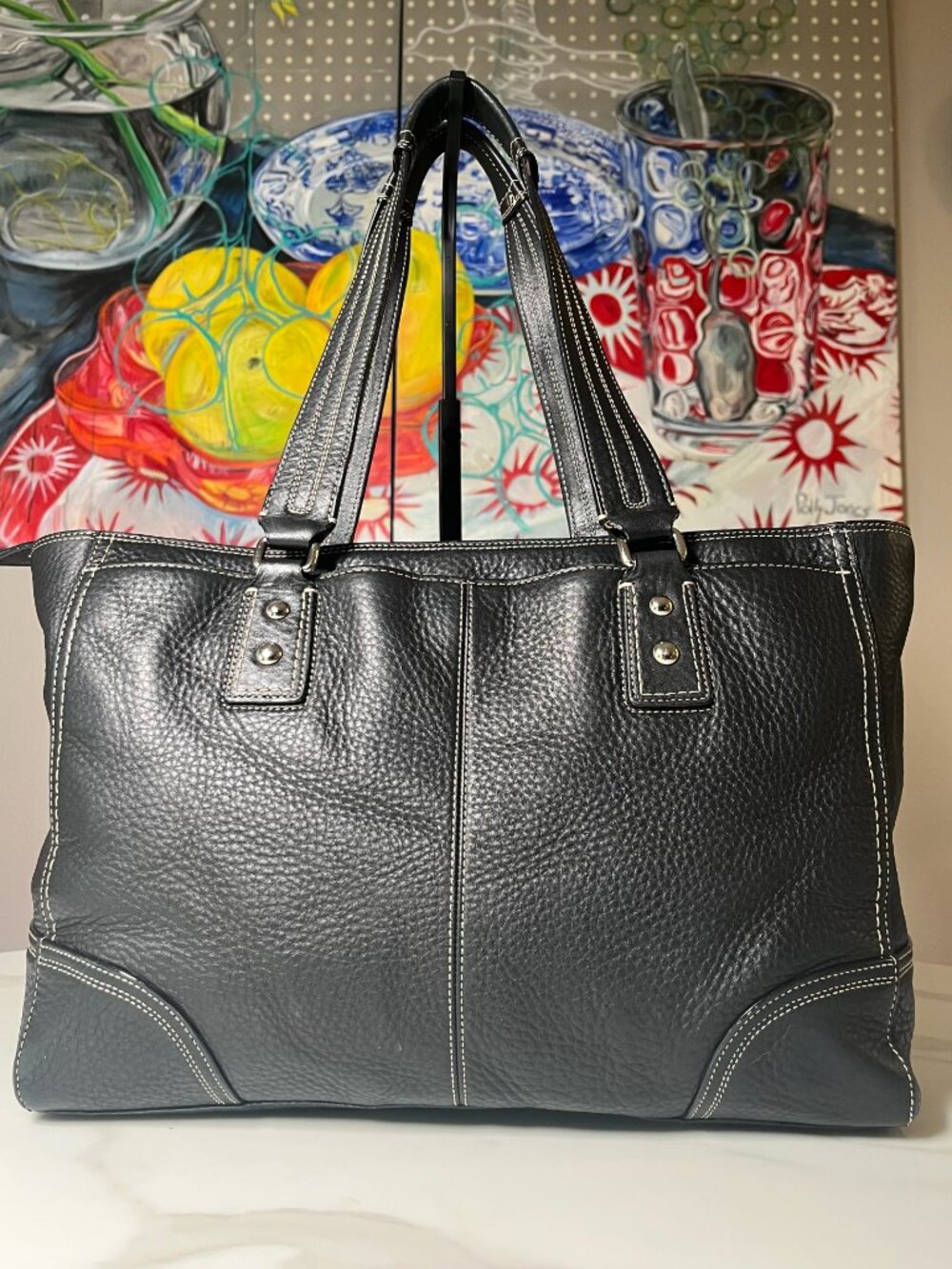 Coach Black Pebbled Leather Turnlock Tote Carryall F16960 EUC - Picture 3 of 16